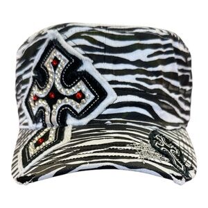 Zebra Print Rhinestone Cross Cap Y2K Bling Hat
